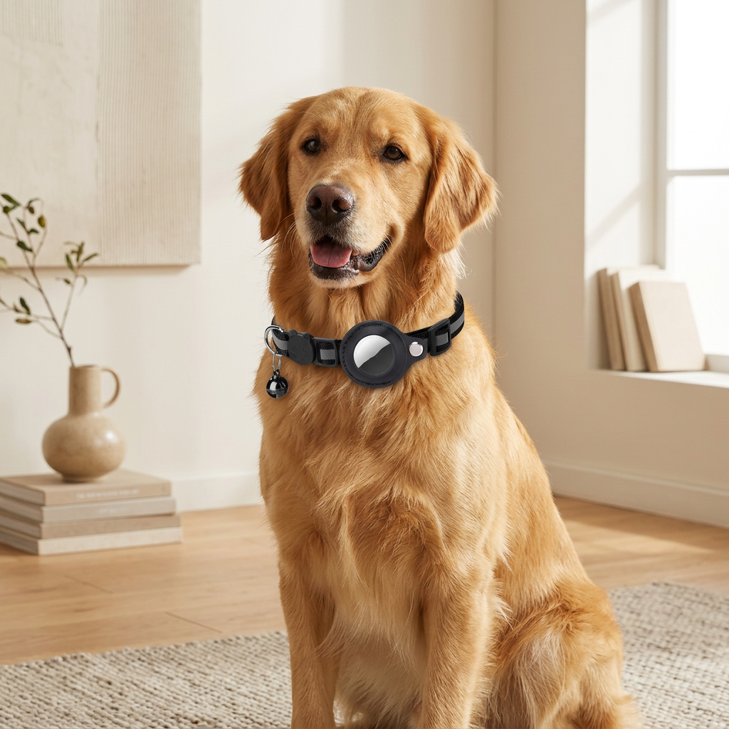 Dog wearing a collar in a home